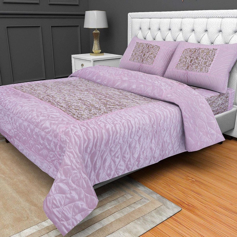 ManavRachit 310 TC Satin Luxury Gold Printed Quilted Microfibre King Size Wedding Bedding Bedsheet Set Set of 4 Pieces for Home Living Room Pink Jaal - Image 5