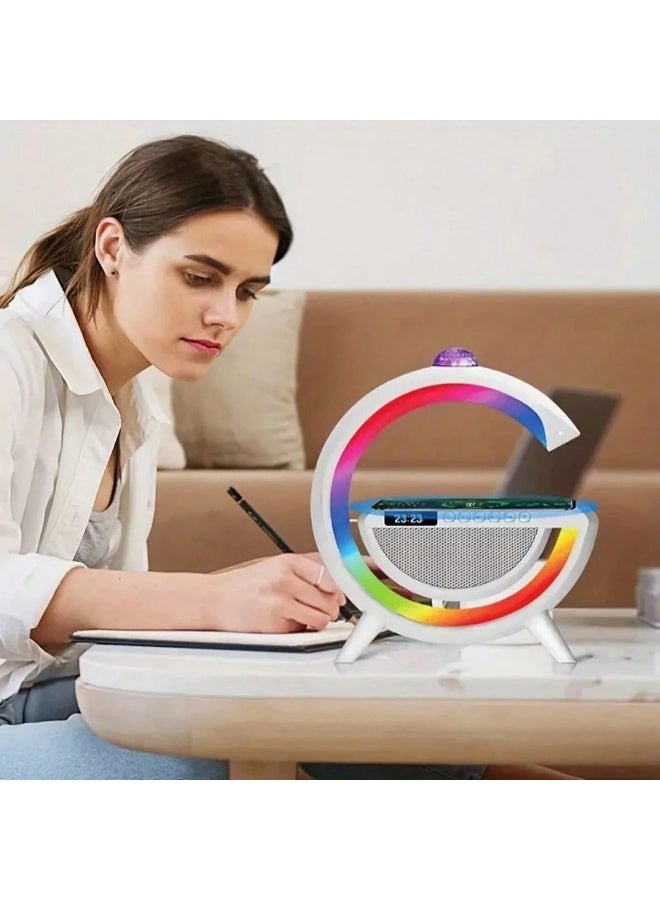 ريتش لايف مصباح إضاءة محيطية بتقنية بلوتوث مع شاحن لاسلكي | مصباح طاولة LED RGB مع منبه وراديو FM وإضاءة محيطية قابلة للتعتيم، مناسب لغرفة النوم والمكتب المنزلي، لون أبيض - Image 2