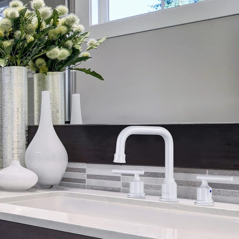 WOWOW 3 Hole Bathroom Faucet White Bathroom Sink Faucet 2 Handle Vanity Tap Lavatory Elegant Basin Mixer Tap with Drain - Image 3