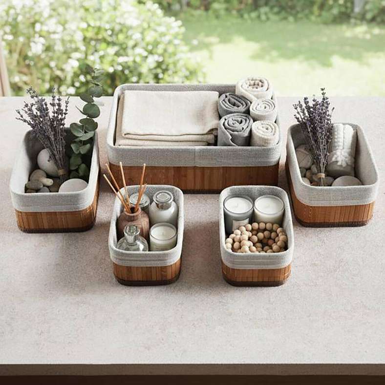 Pan Home Libby 5-Piece Set Bamboo Rentangular Storage Organiser with Fabric Liner - 36x26x12cm - Natural - 262AIC9903793 - Image 3