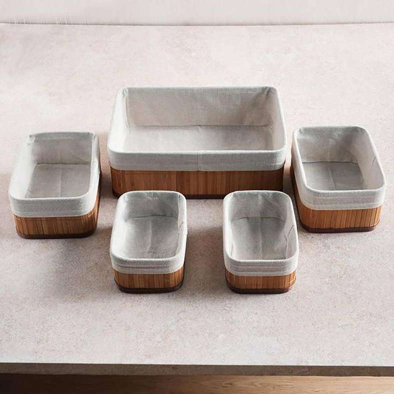 Pan Home Libby 5-Piece Set Bamboo Rentangular Storage Organiser with Fabric Liner - 36x26x12cm - Natural - 262AIC9903793 - Image 4
