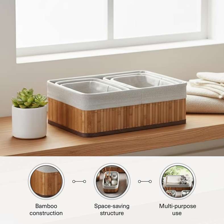 Pan Home Libby 5-Piece Set Bamboo Rentangular Storage Organiser with Fabric Liner - 36x26x12cm - Natural - 262AIC9903793 - Image 5
