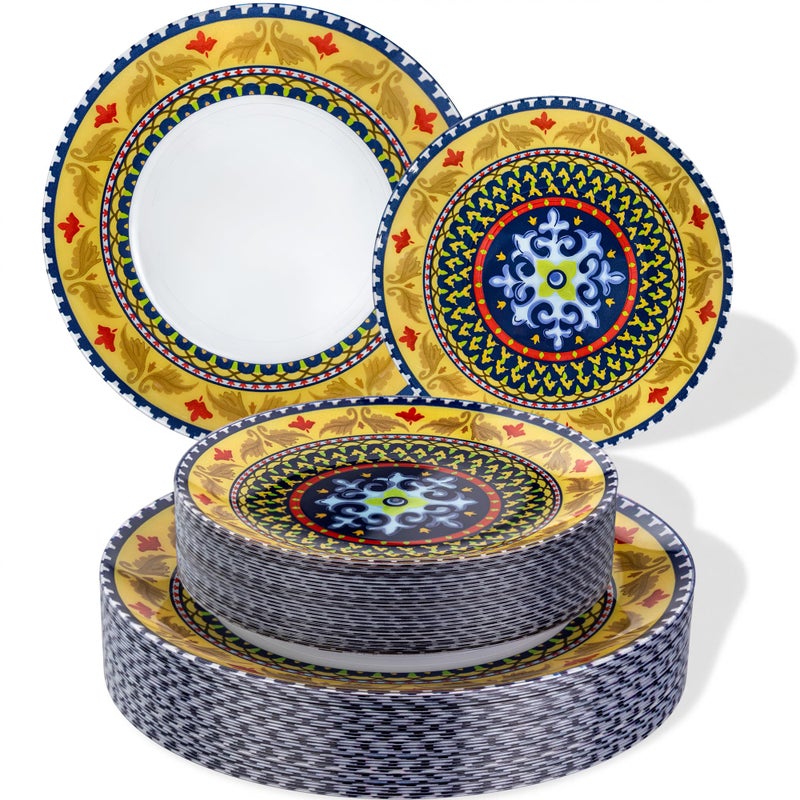Hioasis 60pcs Plastic Disposable Plates Set - Layered Circular Pattern with Red & Yellow Accents, 10.25 Dinner & 7.5 Dessert Plates for Wedding,Anniversary,Party and Holiday - Image 1