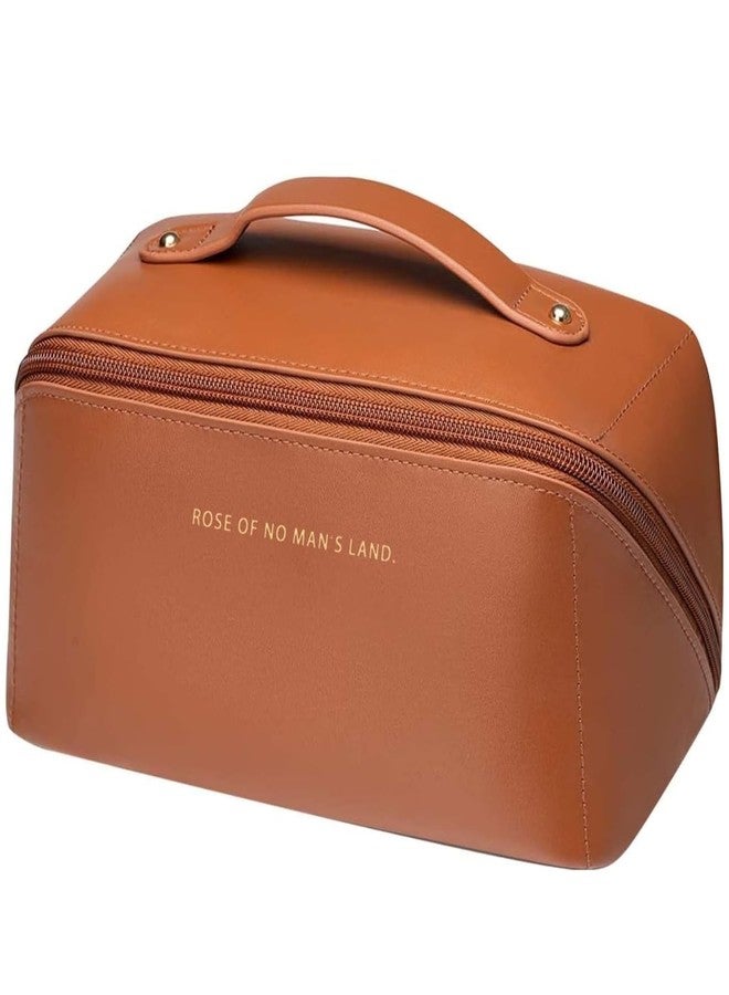 Flywind حقيبة مكياج جلدية مقاومة للماء للنساء - حقائب كبيرة السعة للنساء، حقيبة مكياج تجميلية مع أقسام - سحاب واسع الفتح - طقم منظم مكياج للسفر (بني) - Image 1