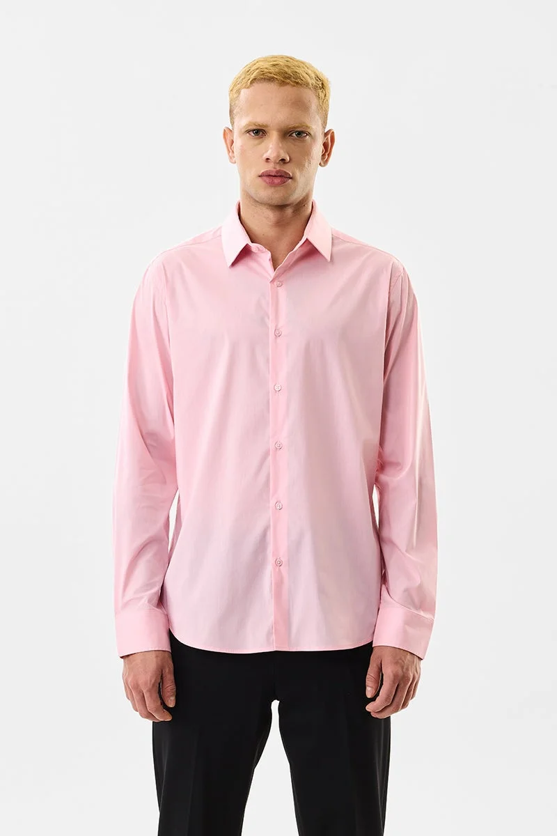 سنيتش Pink Solid Long Sleeve Slim Fit Luxe Shirt