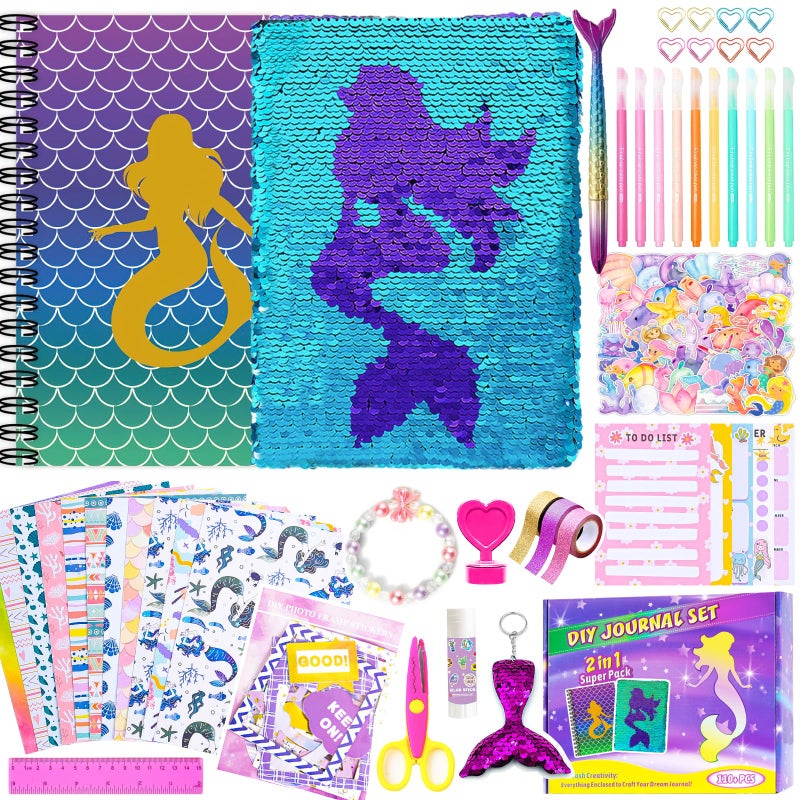 OFFIGIFT 2Pack DIY Journal Kit for Girls Ages 812 13 14 Year Olds Birthday Gifts for Teen Girls 110pcs Art Crafts Scrapbook Supplies for Tween Kids Kawaii Diary Stationary Set with Mermaid Sequin Journal - Image 2