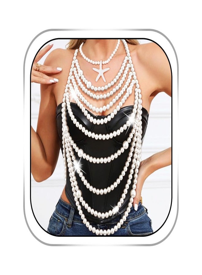 Bmirth Pearl Body Jewelry Seashell Body Chain Top Seashell Long Pearls Necklace Body Chain Summer Beach Body Accessories for Women (Pearl shoulder chain) - Image 1