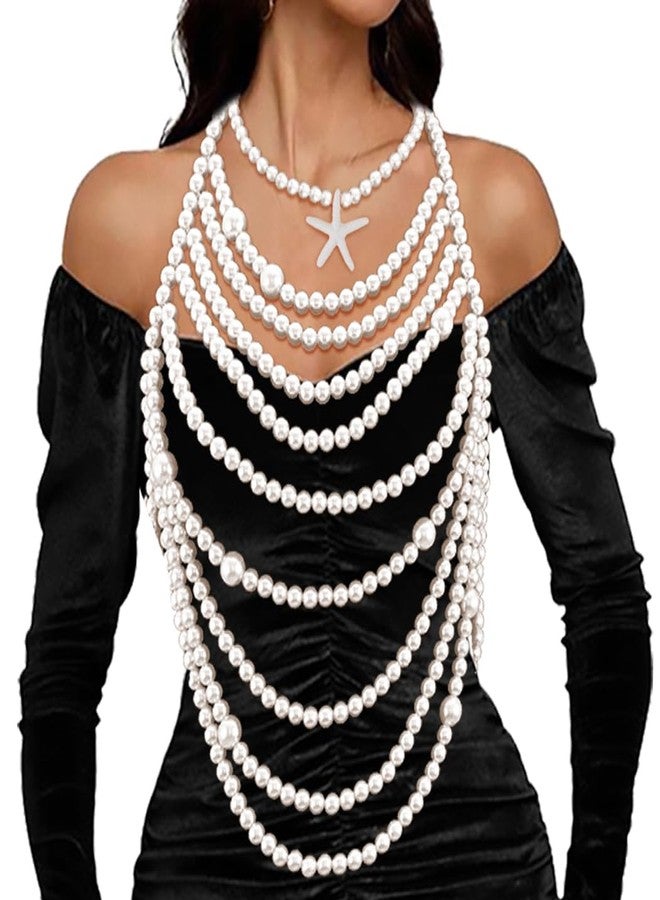 Bmirth Pearl Body Jewelry Seashell Body Chain Top Seashell Long Pearls Necklace Body Chain Summer Beach Body Accessories for Women (Pearl shoulder chain) - Image 2