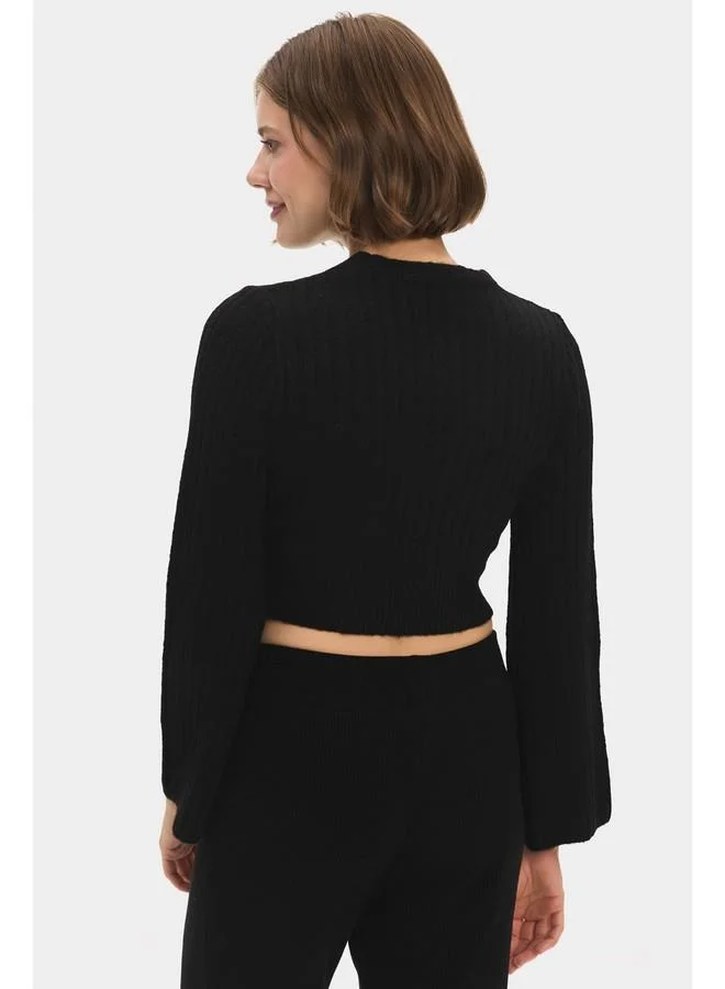 JUNE June Women Crop Soft Textured Double Breasted Knitwear Sweater Black