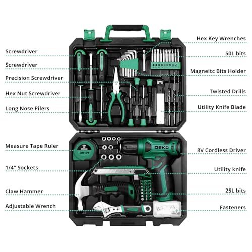 DEKOPRO Tool Kit: 8V Cordless Drill, Home Toolbox with storage case, Hand Tool set for Home Repairs 126 Piece, Green - Image 2