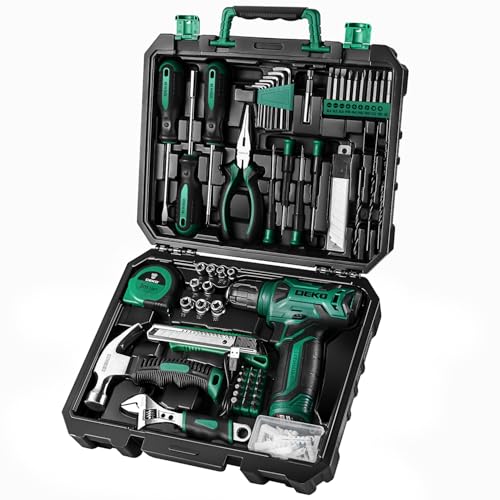 DEKOPRO Tool Kit: 8V Cordless Drill, Home Toolbox with storage case, Hand Tool set for Home Repairs 126 Piece, Green - Image 1