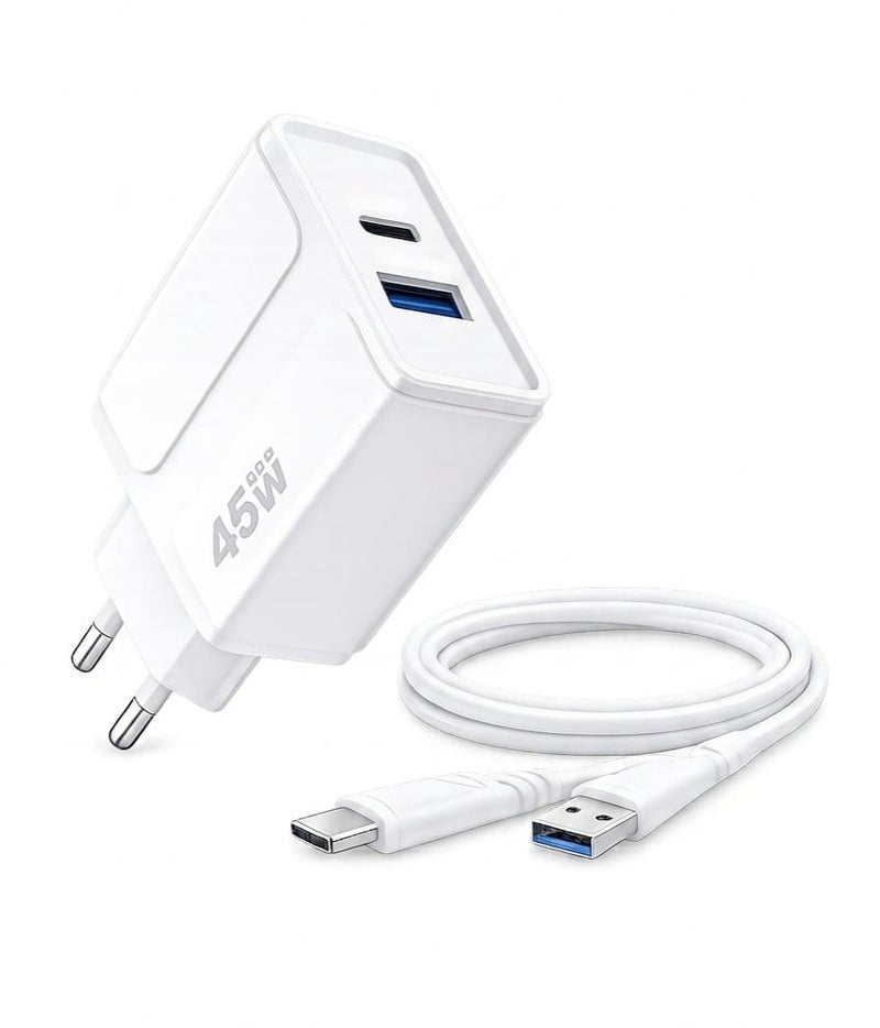 LS-015 45W Dual Port Wall Charger Fast Charging USB-C + USB-A PD Power Delivery Charger with Charging Cable