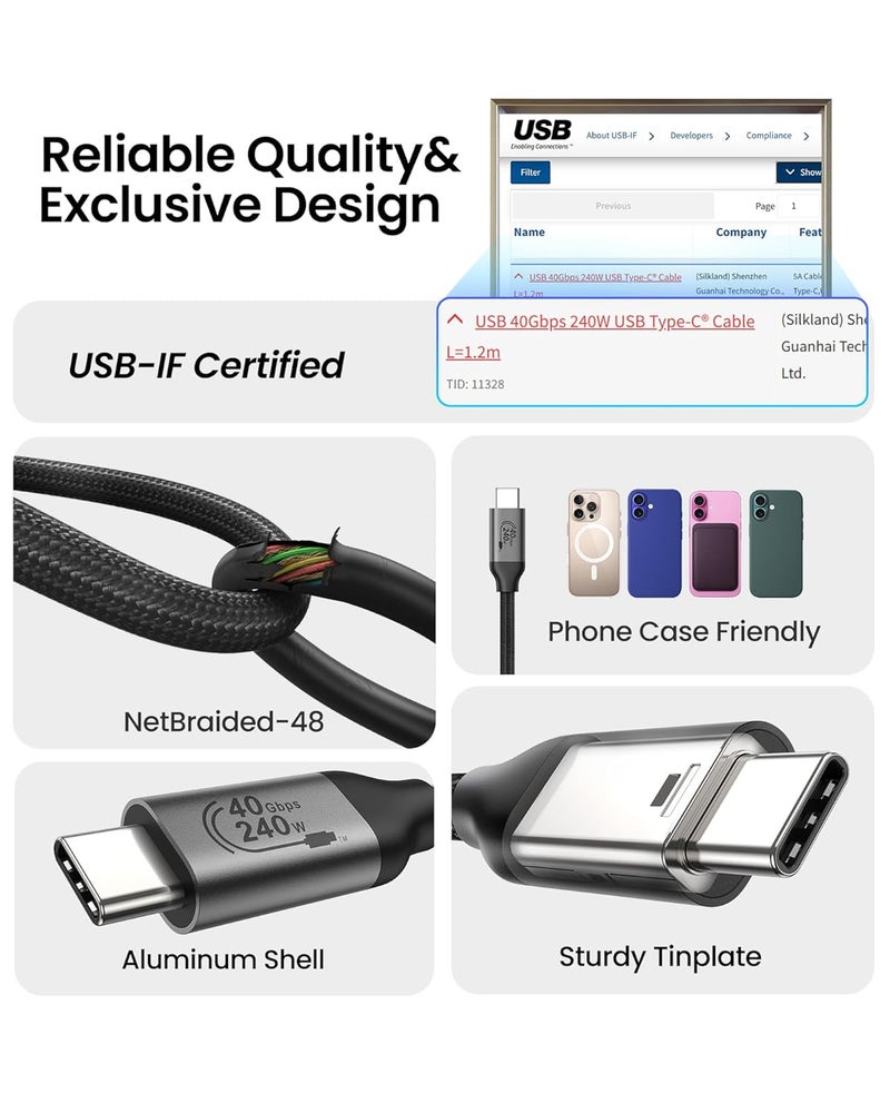 سيلكلاند كابل Thunderbolt 4 متوافق، كابل USB4 بطول 1.2 متر [معتمد من USB-IF، مزامنة بيانات بسرعة 40 جيجابت/ثانية، دقة 8K/6K/5K@60Hz و4K@144Hz، شحن سريع بقدرة 240 واط PD3.1]، كابل USB C Thunderbolt لـ MacBook Pro، PSSD، شاشة - Image 5