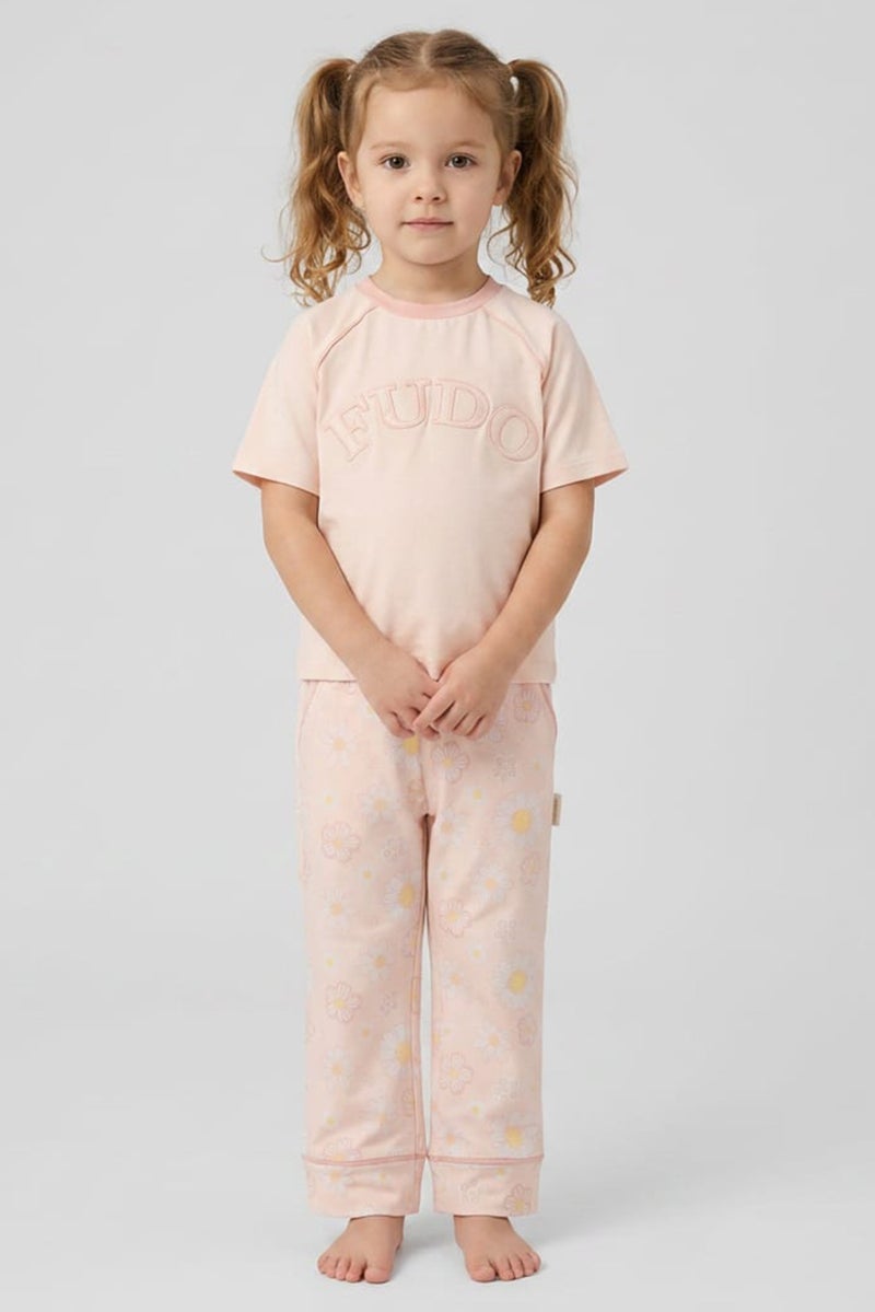 Fudo Lounge By Fudo Toddlers Girl 2 Pieces Embroidered Logo Top And Pants Pyjama Set, Multicolor - Image 1