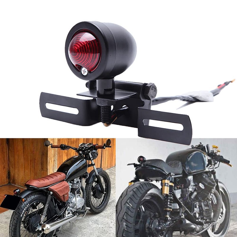 DREAMIZER Motorcycle Bullet Tail Light with License Plate Bracket Holder Aluminium Retro Rear Lamp for Cafe Racer Bobber Custom Chopper Bonneville Bullet
