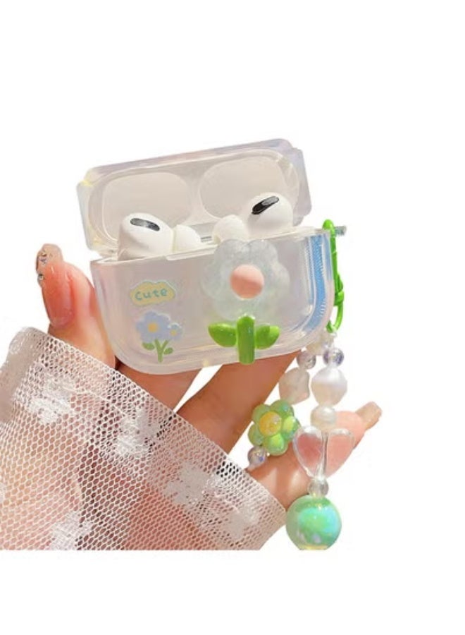 fantasize حافظة أيربود برو 2 / حافظة أيربود برو 3D زهرة مع سلسلة مفاتيح غطاء صلب شفاف من TPU متوافق مع أيربودز برو الجيل 2/1 للفتيات والنساء، أخضر مزهّر - Image 1