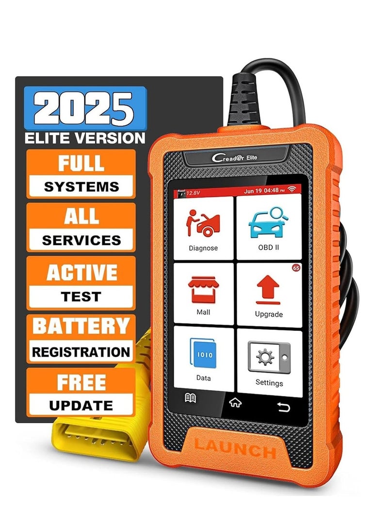 ماسح LAUNCH Creader Elite ثنائي الاتجاه OBD2 لسيارات تويوتا ولكزس، أداة فحص تشخيصي كامل للنظام لعام 2025، قارئ رموز خدمة إعادة الضبط الكاملة، برمجة وحدة التحكم الإلكترونية، تسجيل البطارية، معرف VIN التلقائي، تحديث مجاني مدى الحياة