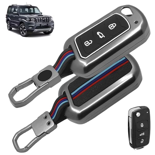 Carzex® Car Key Cover Compatible with Mahindra Scorpio N, 3XO, XUV 300, Bolero, TUV 300, XUV 700, XUV 400, Thar, Roxx – 3 Smart Button Metal-Silicone TPU Protective Shell with Keychain (Black) - Image 1