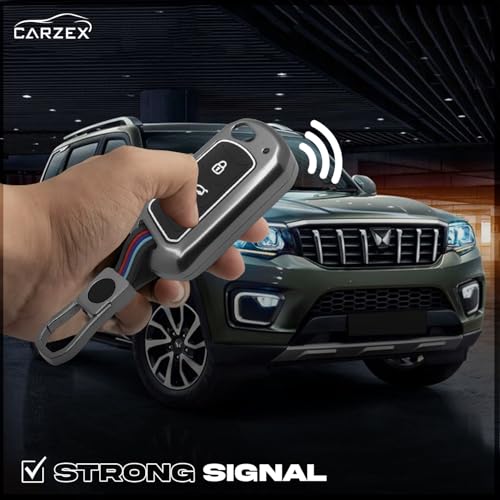 Carzex® Car Key Cover Compatible with Mahindra Scorpio N, 3XO, XUV 300, Bolero, TUV 300, XUV 700, XUV 400, Thar, Roxx – 3 Smart Button Metal-Silicone TPU Protective Shell with Keychain (Black) - Image 4