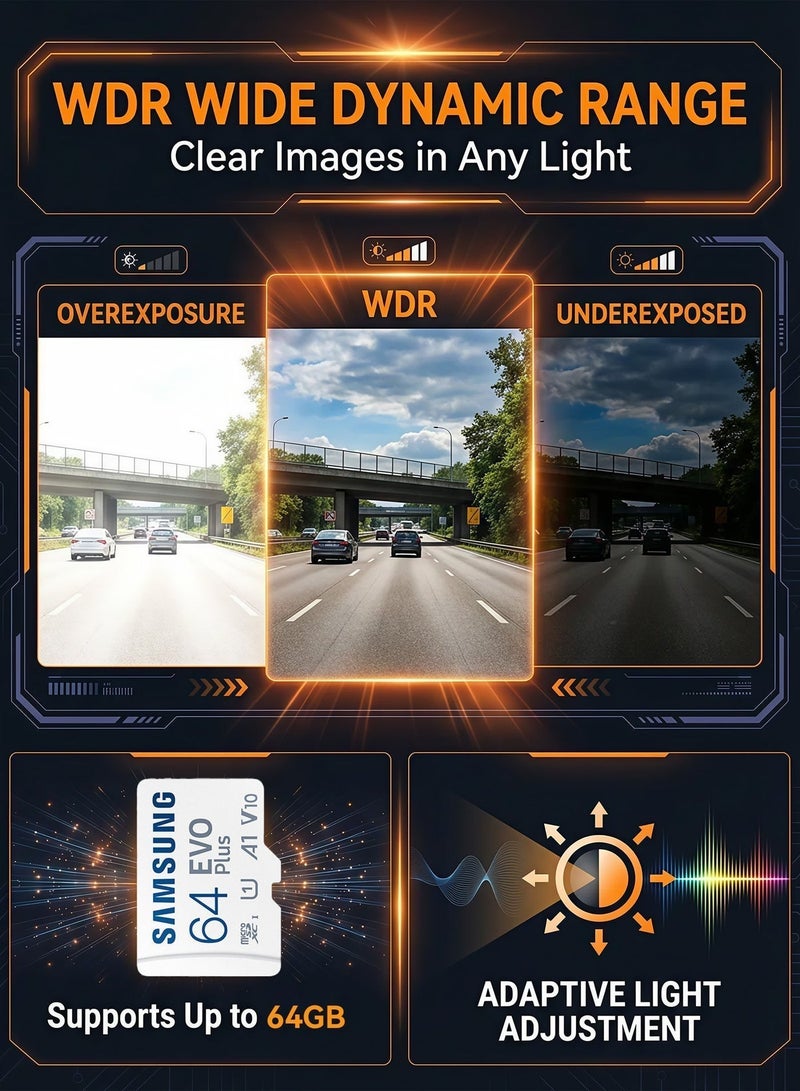 ULHYC This Front and Rear Dual-Recording Dashcam Features Ultra-High-Definition 4K+1K Resolution, Built-In 5G Wifi, A 3-Inch Lcd Touchscreen, 24-Hour Parking Monitoring, Superior Night Vision, A Wide Dynamic Range (170° Wide-Angle), Gravity Sensing, Loop Recording, App Control, And Supports A Maximum Operating Temperature Of 85℃. It Also Includes A Built-In 64G High-Speed Memory Card. - Image 3
