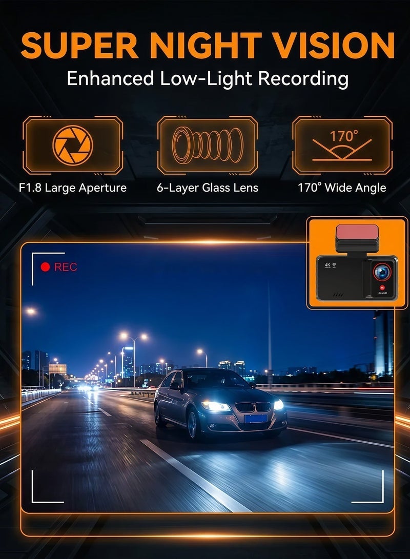 ULHYC This Front and Rear Dual-Recording Dashcam Features Ultra-High-Definition 4K+1K Resolution, Built-In 5G Wifi, A 3-Inch Lcd Touchscreen, 24-Hour Parking Monitoring, Superior Night Vision, A Wide Dynamic Range (170° Wide-Angle), Gravity Sensing, Loop Recording, App Control, And Supports A Maximum Operating Temperature Of 85℃. It Also Includes A Built-In 64G High-Speed Memory Card. - Image 4