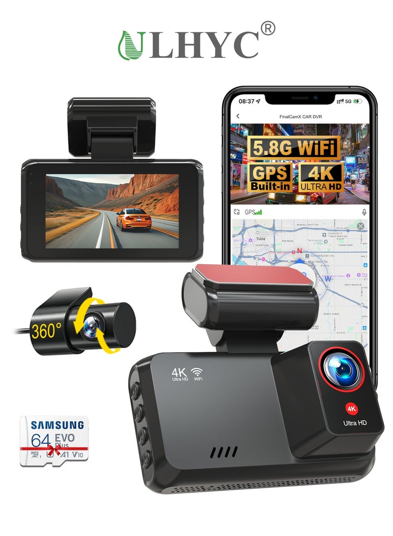ULHYC This Front and Rear Dual-Recording Dashcam Features Ultra-High-Definition 4K+1K Resolution, Built-In 5G Wifi, A 3-Inch Lcd Touchscreen, 24-Hour Parking Monitoring, Superior Night Vision, A Wide Dynamic Range (170° Wide-Angle), Gravity Sensing, Loop Recording, App Control, And Supports A Maximum Operating Temperature Of 85℃. It Also Includes A Built-In 64G High-Speed Memory Card. - Image 1