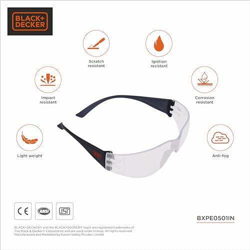 BLACK+DECKER Safety Goggles for Men | Lightweight Safety Eyewear, Flexible Frame & Anti Fog Lens | Safety Glasses for Men with Poylcarbonated Hard Coted Lens for Scratch Resistant | BXPE0501IN - Image 2