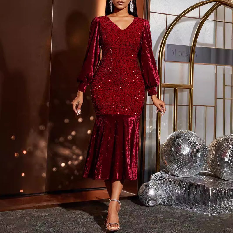 New Flannel Sequin Golden Velvet V-Neck Slim-Fit Hip Skirt Banquet Evening Dress - Image 5