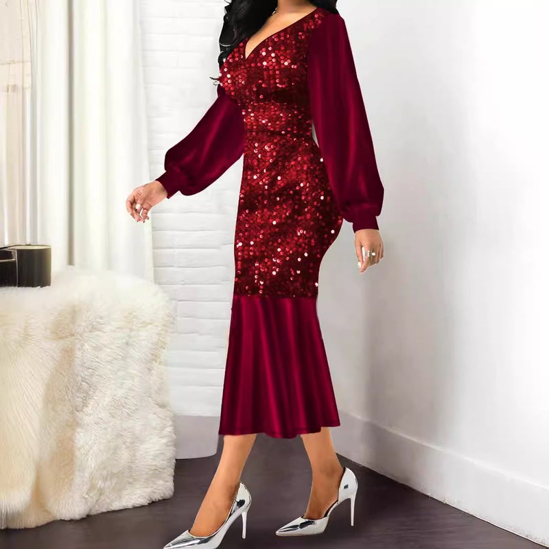 New Flannel Sequin Golden Velvet V-Neck Slim-Fit Hip Skirt Banquet Evening Dress - Image 3