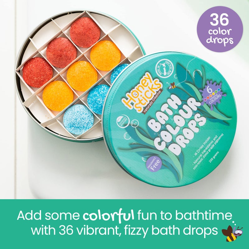 Honeysticks أقراص لون الحمام من هونيستكس للأطفال - قطرات حوض استحمام غير سامة مصنوعة من مكونات طبيعية وألوان صالحة للأكل - خالية من العطور - ممتعة وملونة، هدية رائعة - 36 قطرة - Image 3