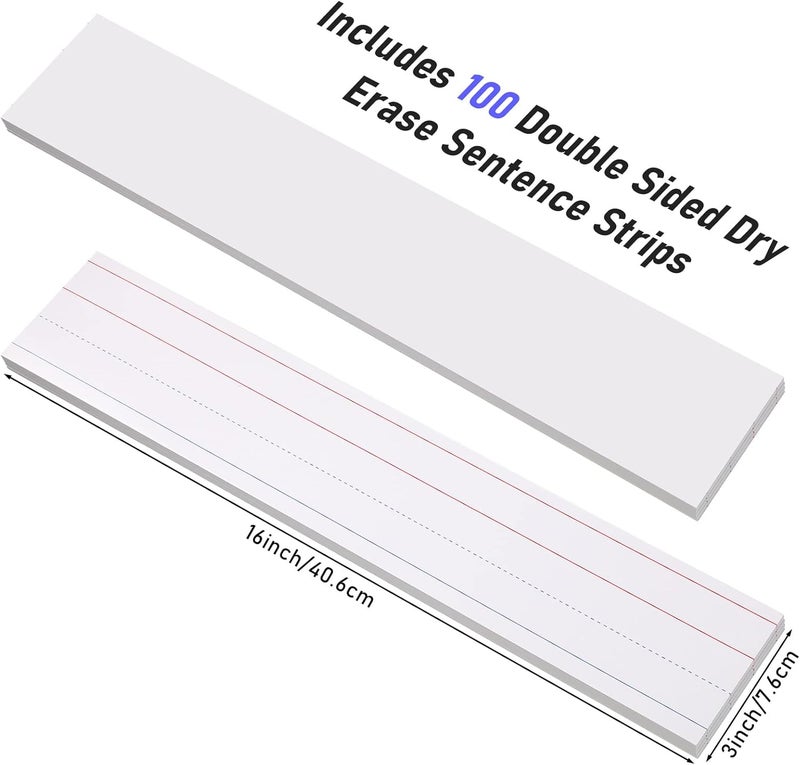 Cindeer 100 Sheet Dry Erase Sentence Strips for Teacher Ruled Sentence Strips Word Writing Strips 16 x 3 Inches White Sentence Strips for Teachers Students Educators Supplies - Image 2