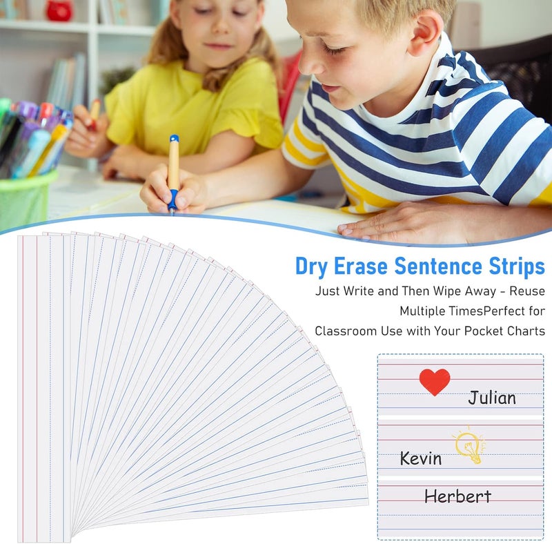 Cindeer 100 Sheet Dry Erase Sentence Strips for Teacher Ruled Sentence Strips Word Writing Strips 16 x 3 Inches White Sentence Strips for Teachers Students Educators Supplies - Image 4