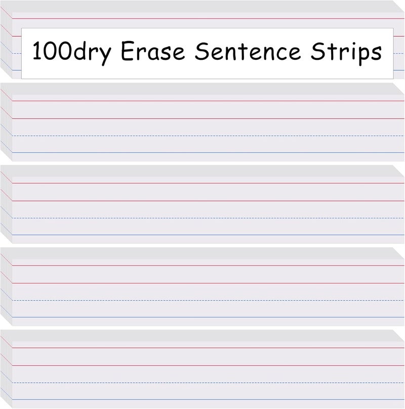 Cindeer 100 Sheet Dry Erase Sentence Strips for Teacher Ruled Sentence Strips Word Writing Strips 16 x 3 Inches White Sentence Strips for Teachers Students Educators Supplies - Image 1