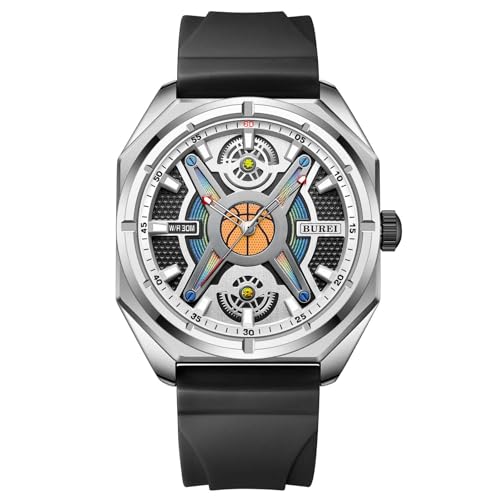 BUREI Men Wrist Watches Fashion Analog Waterproof Rubber Strap Watches for Men (Silver) - Image 1