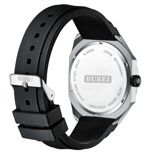 BUREI Men Wrist Watches Fashion Analog Waterproof Rubber Strap Watches for Men (Silver) - Image 2