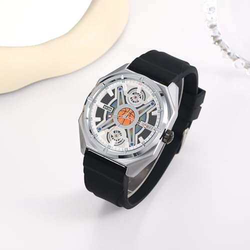 BUREI Men Wrist Watches Fashion Analog Waterproof Rubber Strap Watches for Men (Silver) - Image 3