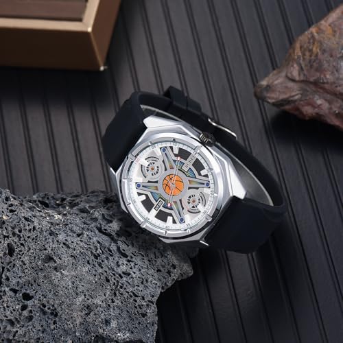 BUREI Men Wrist Watches Fashion Analog Waterproof Rubber Strap Watches for Men (Silver) - Image 4