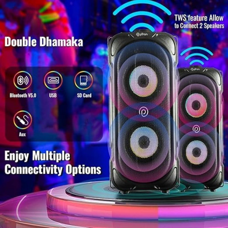 Fusion Party v2 40W Karaoke Bluetooth Speaker with 3M Wired Microphone, Dual Drivers, RGB Lights, USB/SD Card Playback Black (Renewed) - Image 4