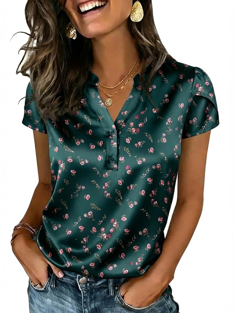 Yousify Women Satin Blouse for Women Business Work Tops Casual Cap Sleeve V Neck Button Down Shirts(Green Flower,Large) - Image 1