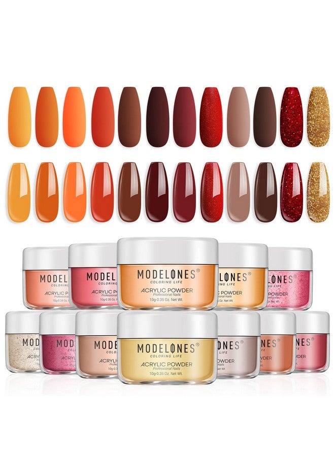 modelones 12 Pcs Acrylic Powder Set Maple Leaf Collection Acrylic Nail Powder Gold Red Orange Brown Professional Nail Extension Carving French Kit Halloween Thanksgiving Gifts For Girls - Image 1