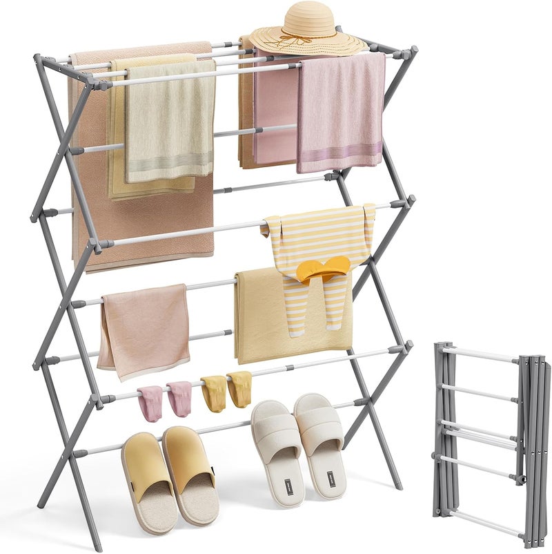 KINGBOARD Clothes Drying Rack, Collapsible Drying Rack Clothing with 11 Poles, 3-Tier Laundry Drying Rack, Small Clothes Drying Rack Foldable for Baby Clothes, 25lb Capacity, White & Grey - Image 1