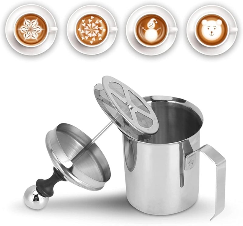 Manual Milk Frother, 400ml/14oz Stainless Steel Creamer Frother Milk Steamer Latte Cappuccino Coffee Foamer Frother Handled Metal Milk Creamer Milk Foamer Pitcher With Handle Lid