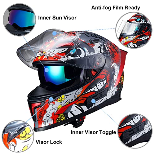 BEON Full Face Motorcycle Helmet, Street Bike Helmet with Clear&Tinted Visors and Multiple Vents, Motocross Casco DOT Approved for Adult Men Women, S-XL (XL, Glossy Beast) - Image 5