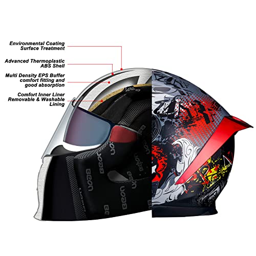 BEON Full Face Motorcycle Helmet, Street Bike Helmet with Clear&Tinted Visors and Multiple Vents, Motocross Casco DOT Approved for Adult Men Women, S-XL (XL, Glossy Beast) - Image 3