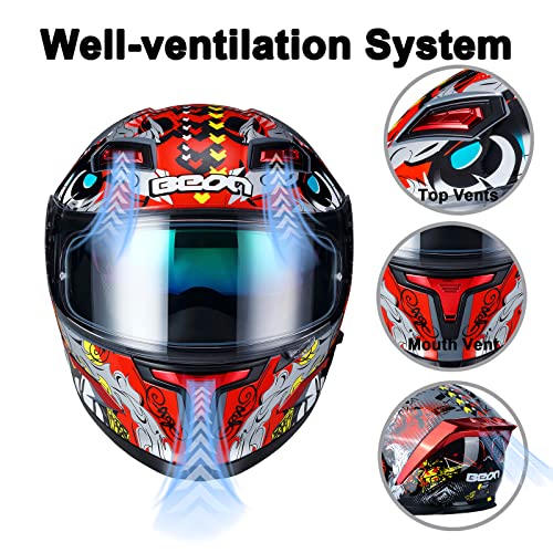 BEON Full Face Motorcycle Helmet, Street Bike Helmet with Clear&Tinted Visors and Multiple Vents, Motocross Casco DOT Approved for Adult Men Women, S-XL (XL, Glossy Beast) - Image 4