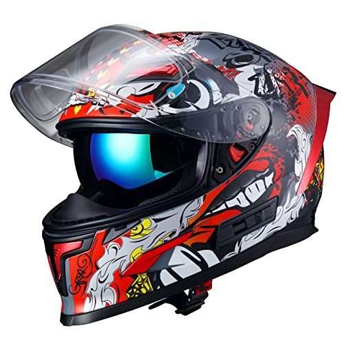 BEON Full Face Motorcycle Helmet, Street Bike Helmet with Clear&Tinted Visors and Multiple Vents, Motocross Casco DOT Approved for Adult Men Women, S-XL (XL, Glossy Beast) - Image 1