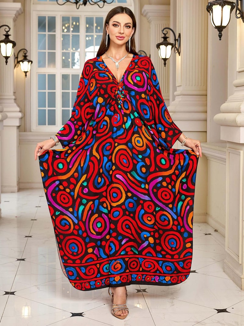 IMAGEKOPE Kaftan Dresses for Women Plus Size V-Neck Moo Moos Batwing Kaftan Beach Dress Bathing Suit Cover-Up Loungewear - Image 3