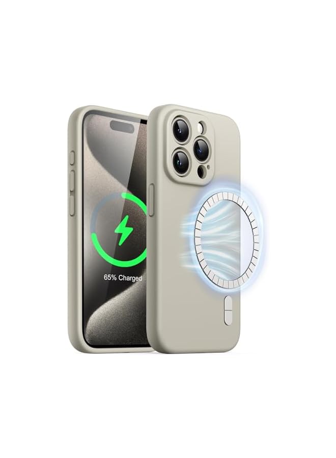 جي تيك حافظة JETech من السيليكون المغناطيسي لهاتف iPhone 15 Pro Max مقاس 6.7 بوصة، متوافقة مع MagSafe، غطاء هاتف مع عدسة الكاميرا حماية كاملة (تيتانيوم طبيعي) - Image 1