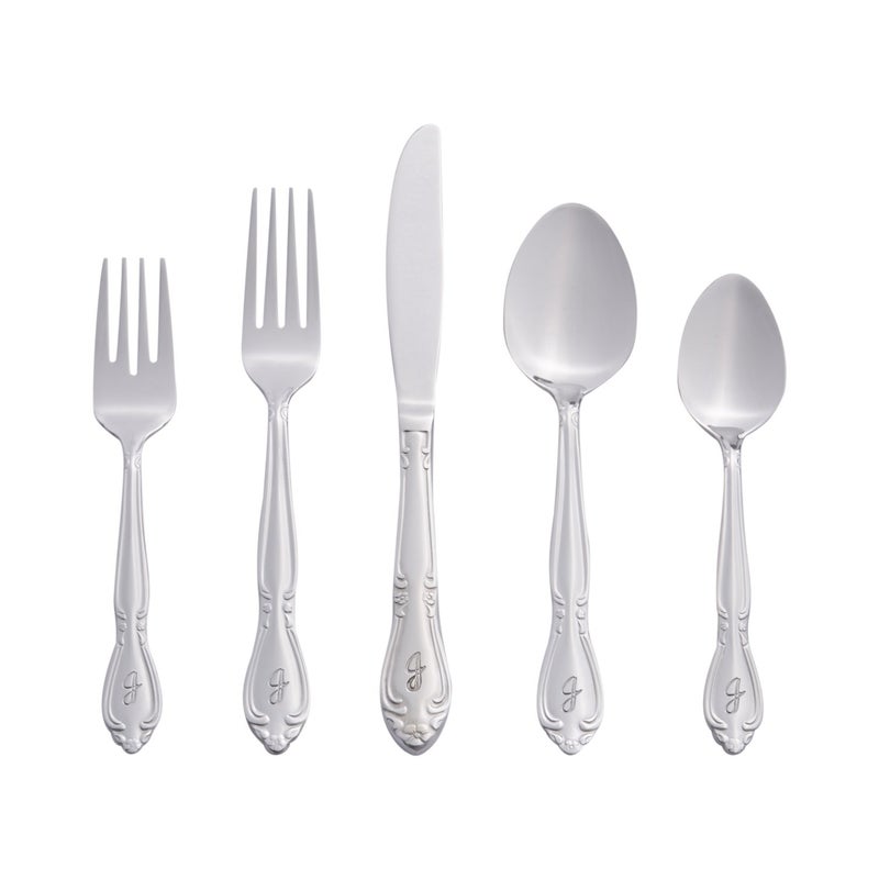 RiverRidge Rose Monogrammed Flatware Set 46 Piece Silverware  J  Utensils Set with Serving Pieces Heavy Gauge Stainless Steel Mirror Finish Dishwasher Safe Cutlery for Daily Use