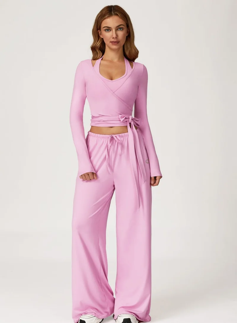 KAWN.YOGA Carnation Pink 2 Piece Set Including a V-Neck Halter Bra And A Long-Sleeve Crop Top for Women | Best Price UAE